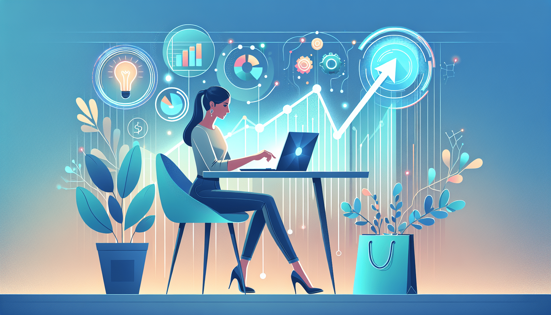 **Image Prompt:** A modern and minimalistic digital illustration of a small business owner sitting at a sleek desk, using a laptop with vibrant AI-generated visual designs displayed on the screen. A modern and minimalistic digital illustration of a small business owner sitting at a sleek desk, using a laptop with vibrant AI-generated visual designs displayed on the screen. Surrounding the desk are elements that represent business growth, such as upward-pointing charts, glowing lightbulb icons for creativity, and a vibrant shopping bag symbolizing sales. The background features a mix of soft gradients in shades of blue, teal, and white, conveying innovation and professionalism.