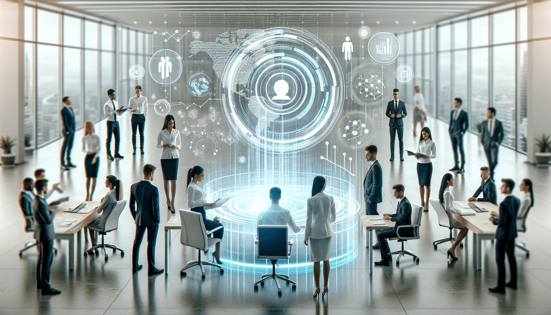 alt="Diverse business team collaborates around AI content generator interface, with holographic displays and digital networks"