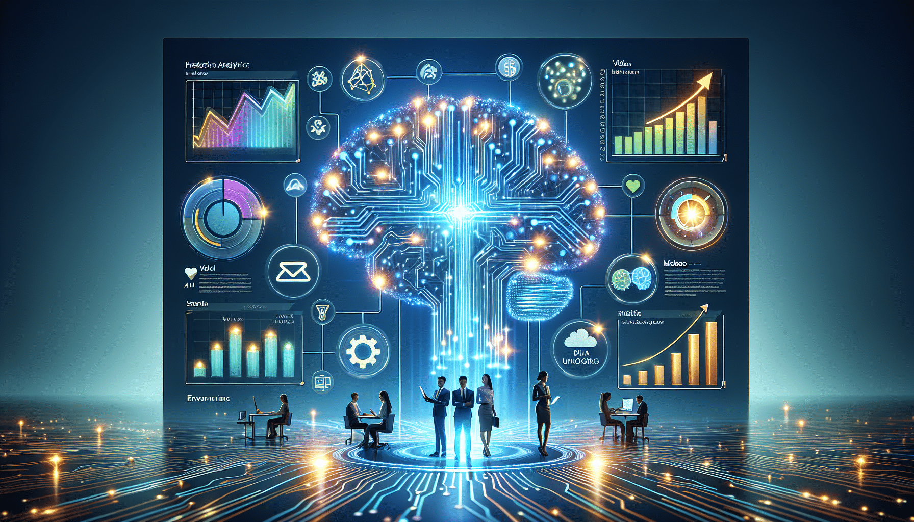 alt="Diverse business team collaborates around holographic dashboard showing AI-driven marketing automation metrics and glowing digital brain visualization"