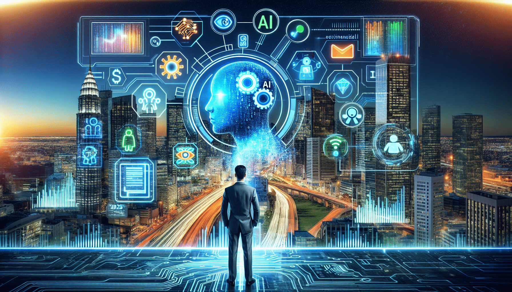 Image of a futuristic dashboard with graphs and AI icons, symbolizing ai driven marketing automation strategies for small businesses.