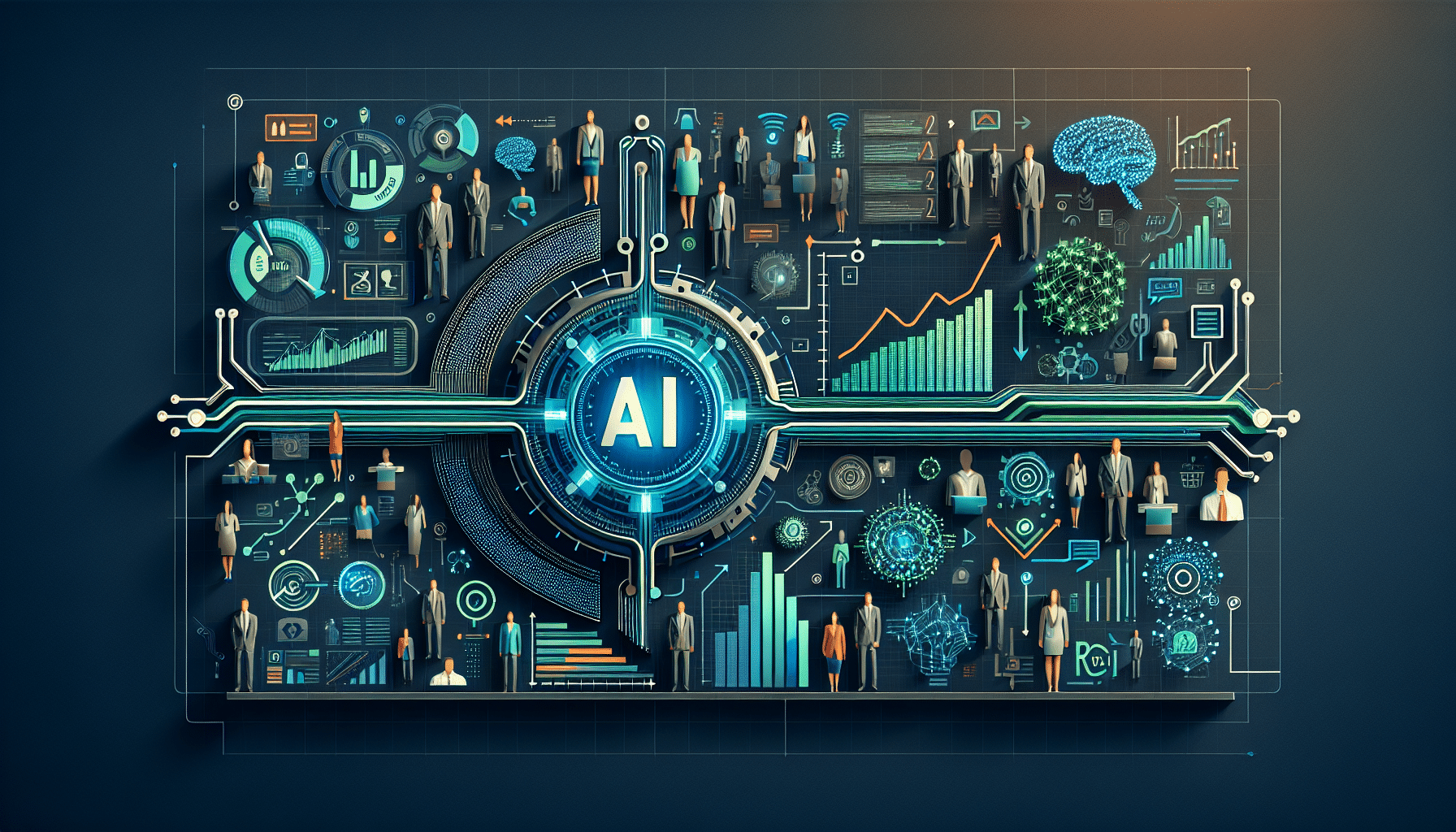 Illustration of business growth with AI and marketing automation tools, highlighting efficiency for small enterprises.