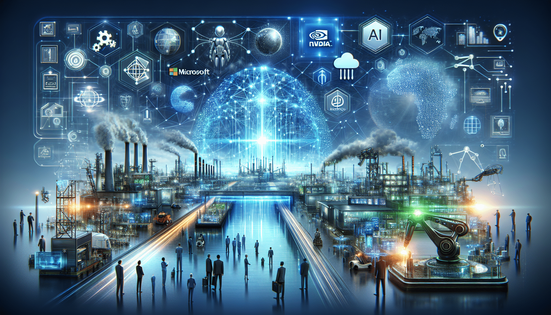 Image of a futuristic factory floor utilizing ai powered automation, transforming industrial processes, targeting small business efficiency.