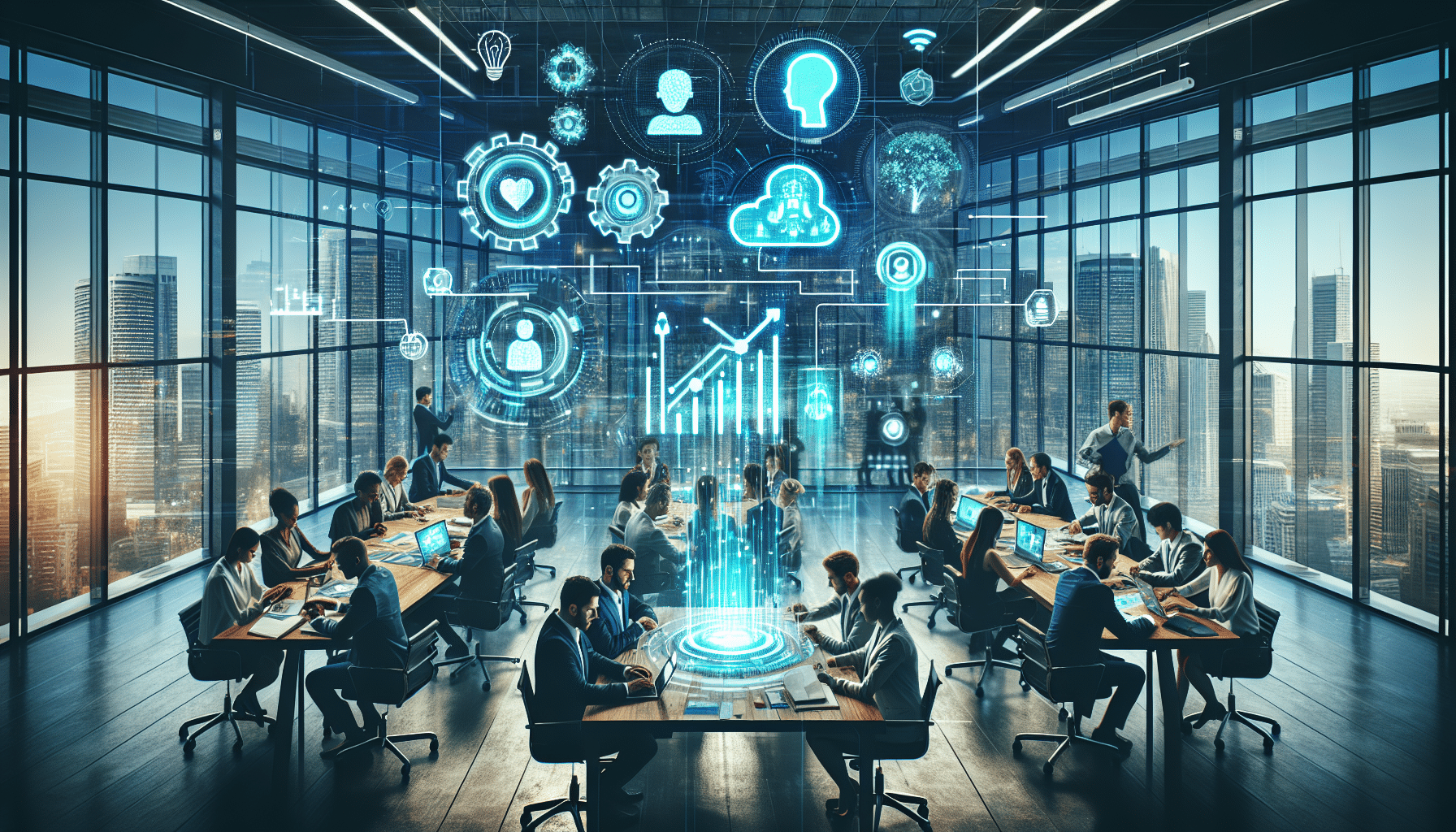 Image depicting a diverse team using AI automation tools in a modern office, symbolizing improved employee satisfaction and business growth.