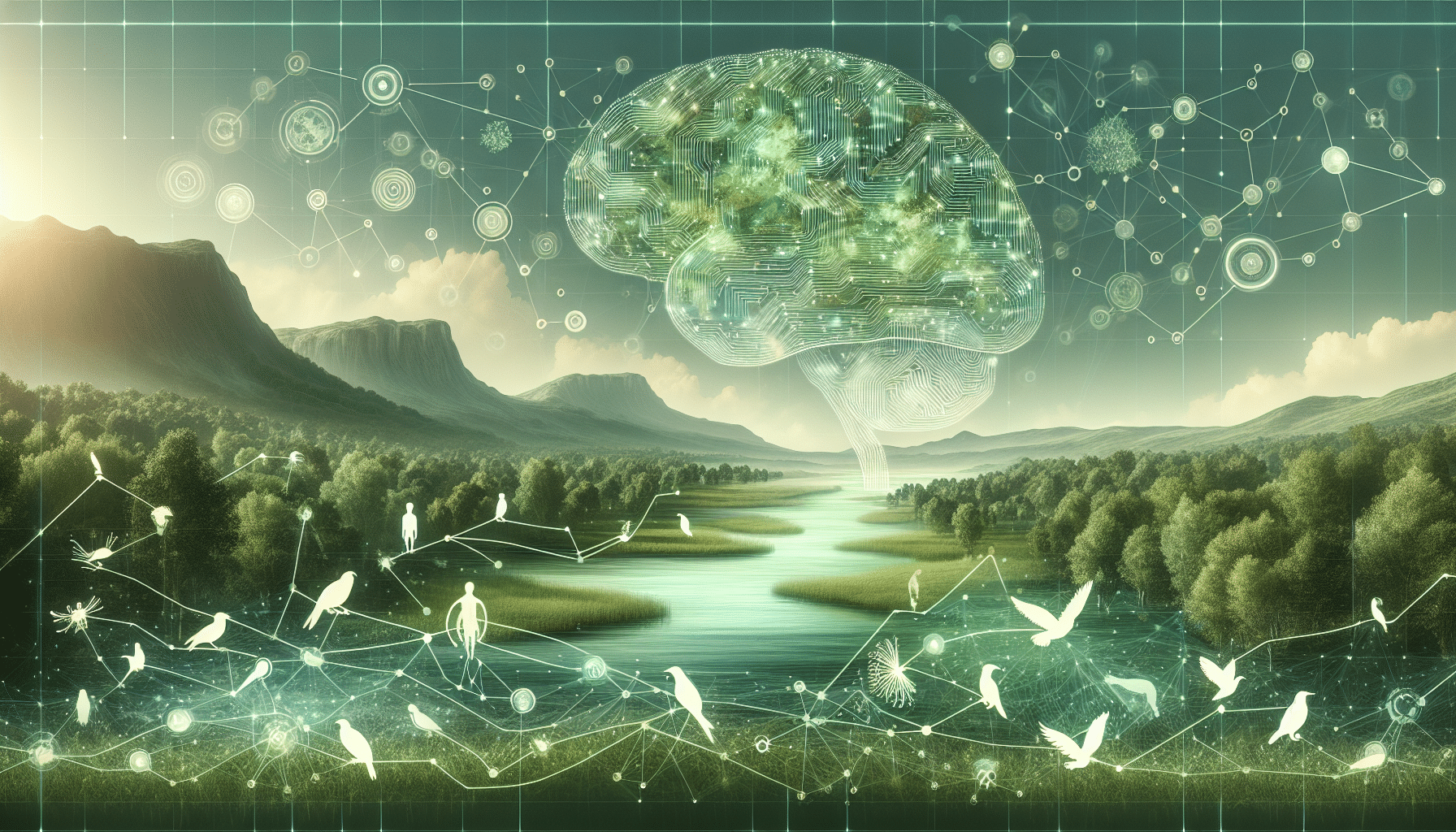 Image showcasing a scientist using a laptop, analyzing "ai generator text" in an ecological field, with plants and data charts visible.