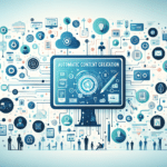 Image of a laptop displaying AI software for automatic content creation, surrounded by trend charts and tool icons for small business insights.