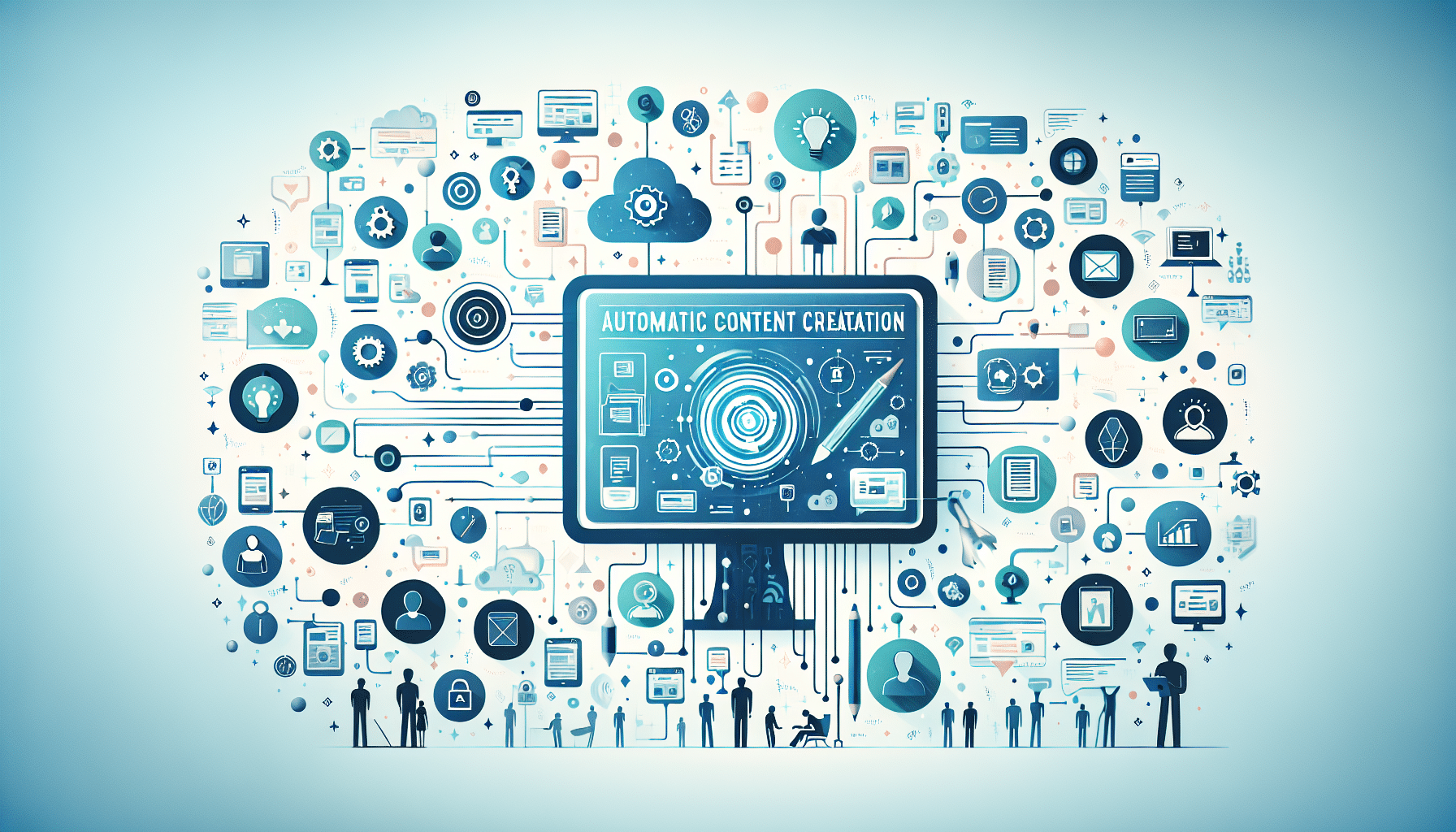 Image of a laptop displaying AI software for automatic content creation, surrounded by trend charts and tool icons for small business insights.