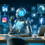 Image of a business owner using an AI social media post generator on a laptop, enhancing personal branding and engagement.