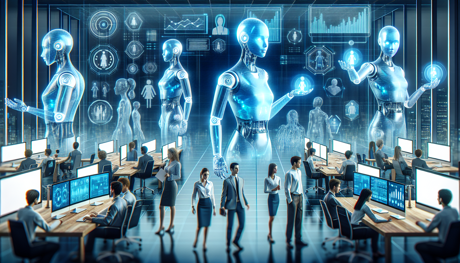 Image depicting virtual ai agents integrating within an enterprise setting, symbolizing accelerated business transformation and innovation.