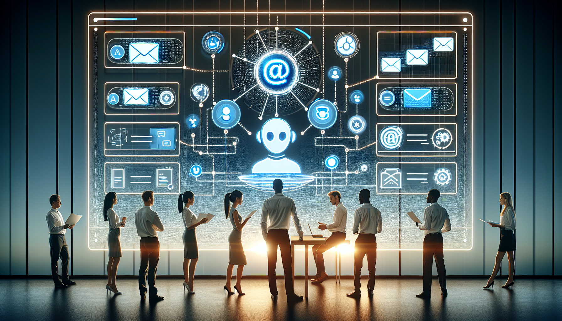 Image depicting a laptop on a desk with graphs, email icons, and gears illustrating ai email automation enhancing business efficiency.